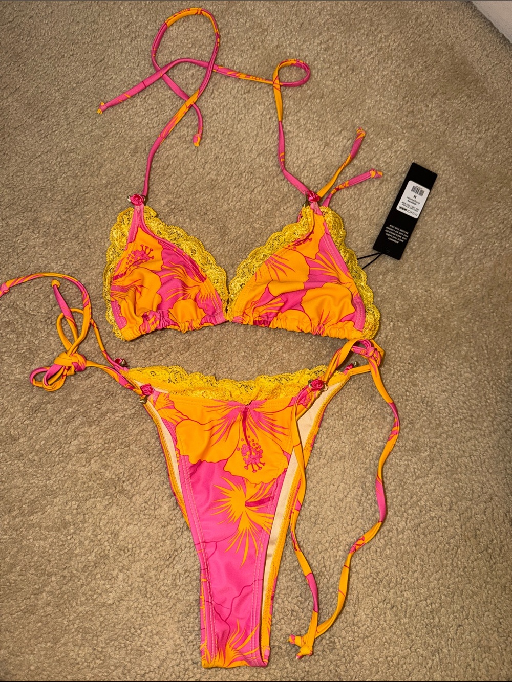 Fashion Nova Pink & Yellow Floral Lace-Trim Tie String Bikini